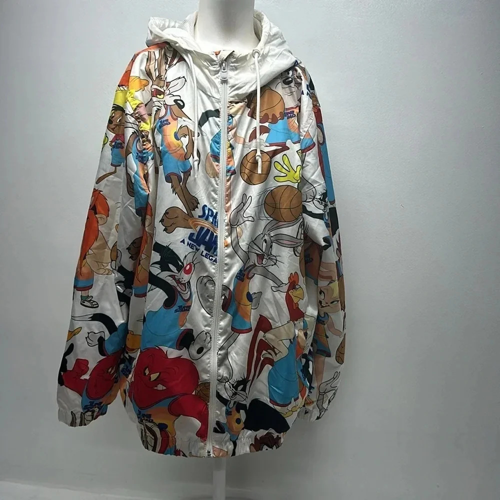 Members Only Looney Tunes Space Jam Windbreaker Hooded Jacket Full Zip White XL